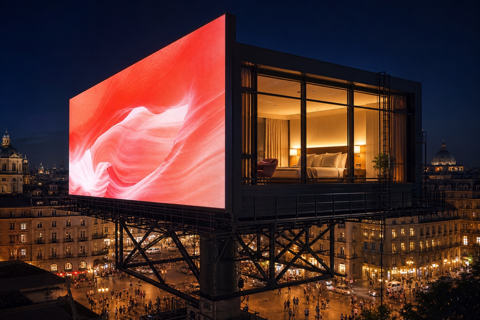 Valla publicitaria con pantalla luminosa y habitación de cristal integradas en la misma estructura