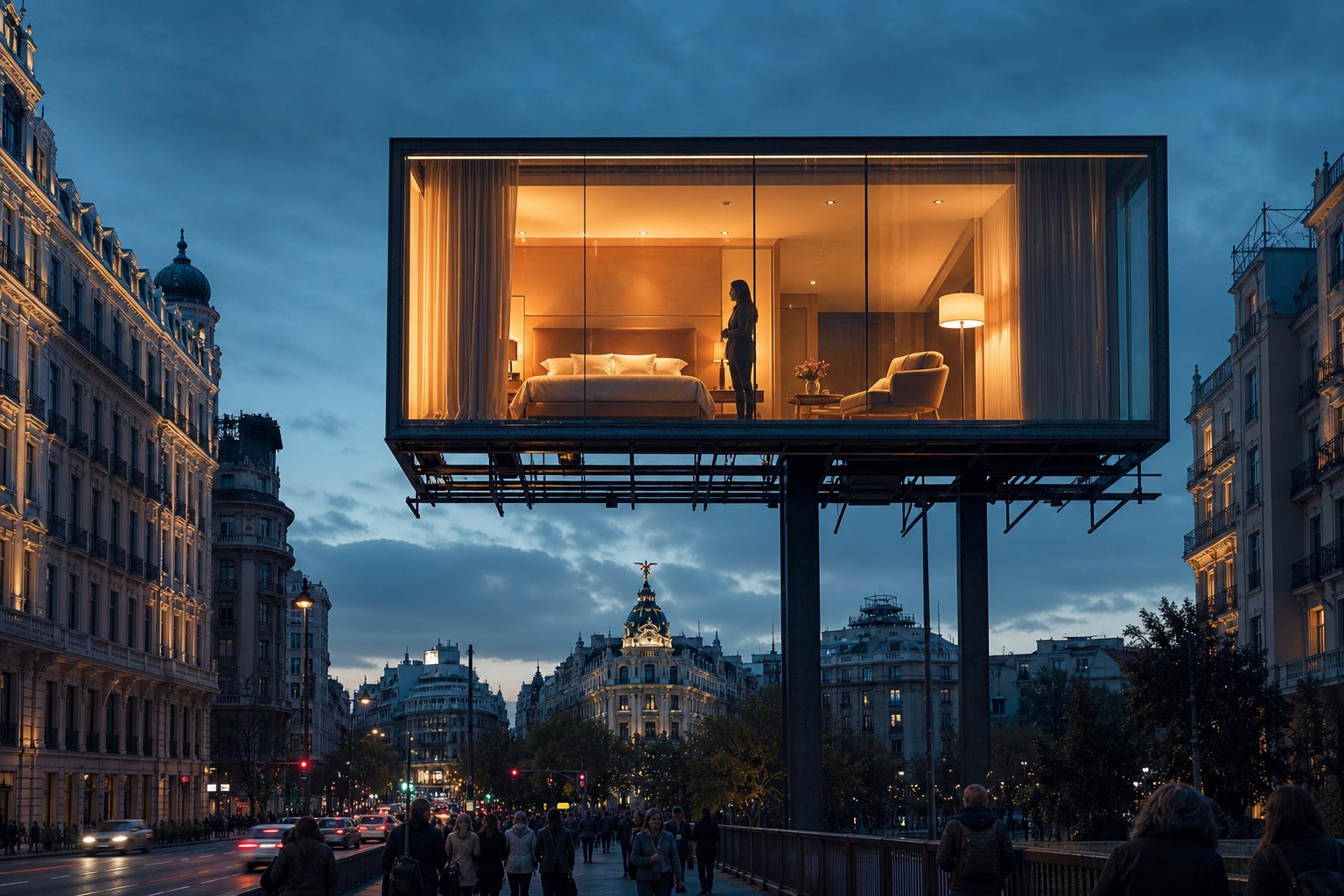 Habitación de lujo integrada en la estructura de una gran valla publicitaria sobre una avenida