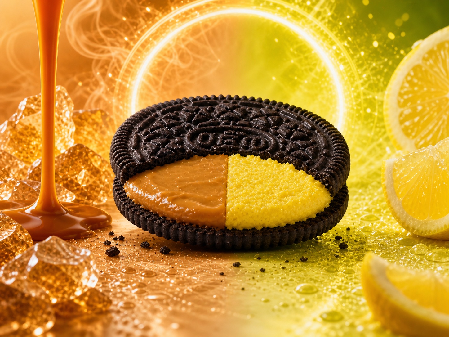 Galleta de crema mitad caramelo y mitad limón rodeada de caramelo dorado y cítricos frescos