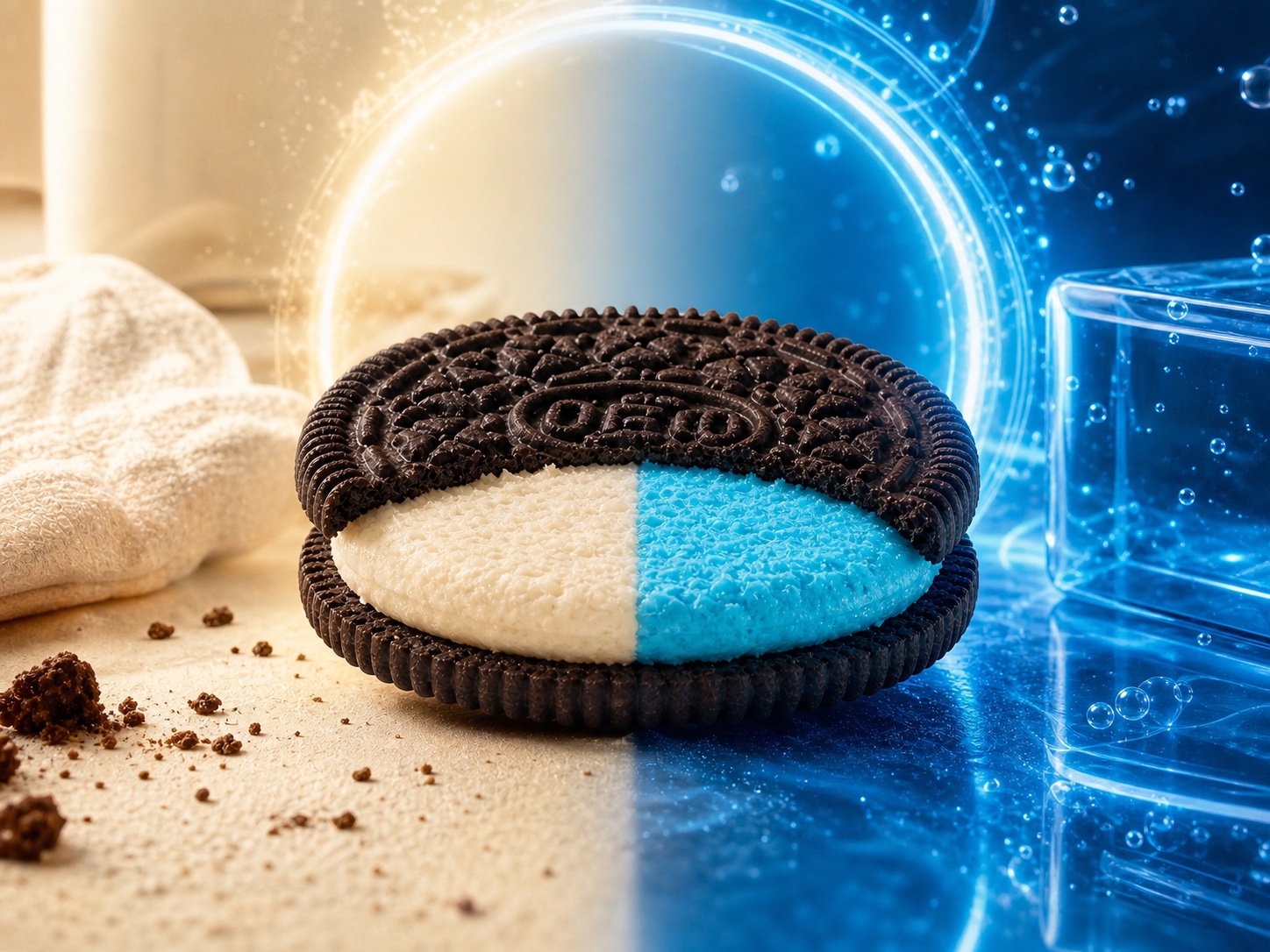 Galleta de crema mitad clásica y mitad azul entre una escena cálida y un entorno futurista