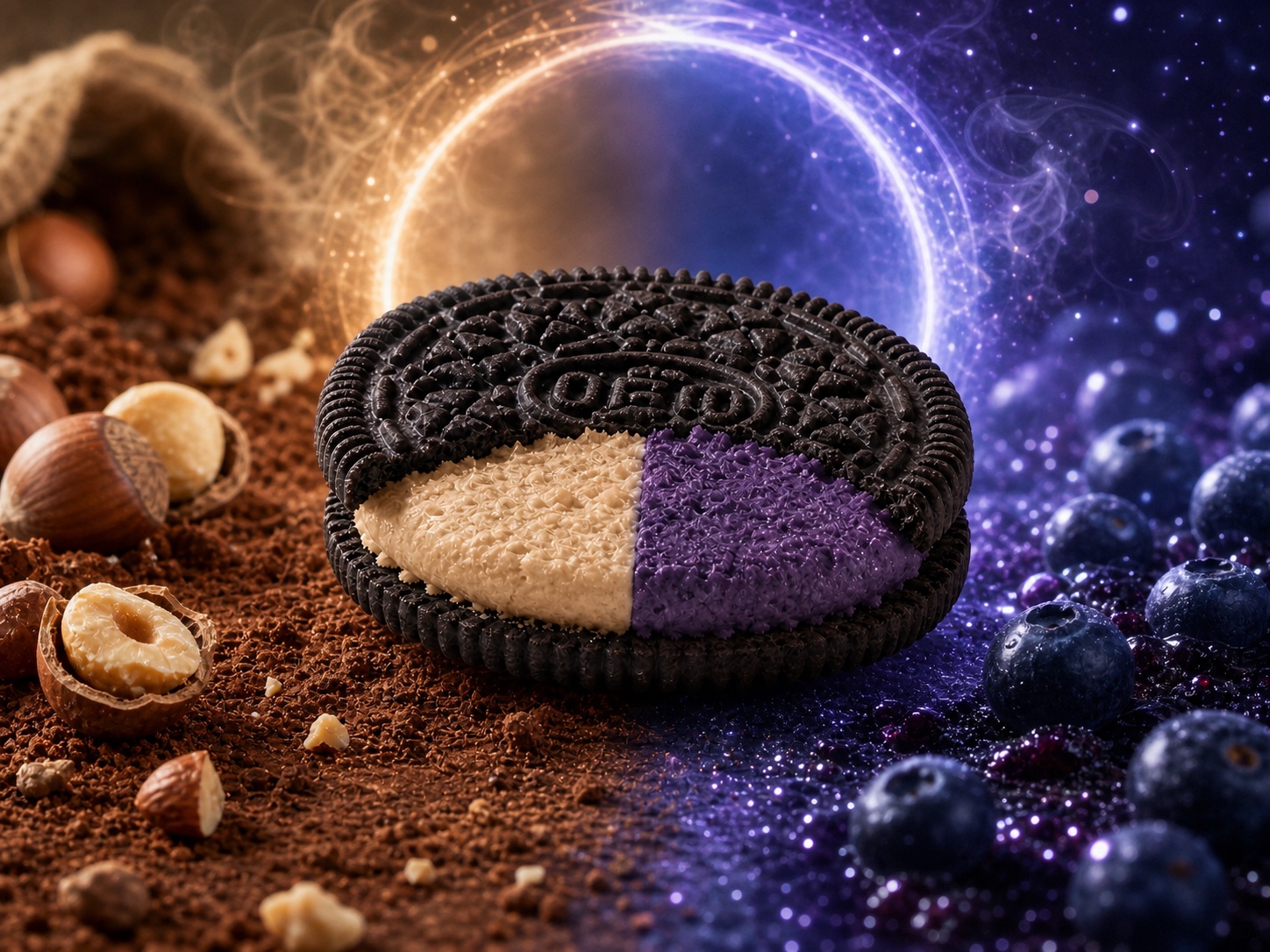 Galleta de crema mitad avellana y mitad arándano entre una superficie terrosa y un universo violeta