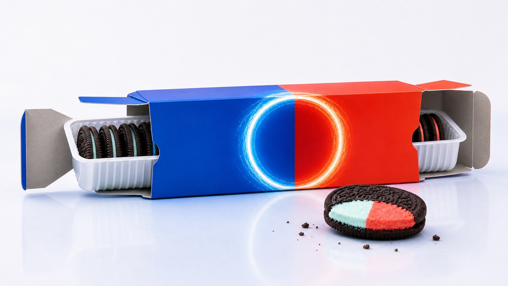 Packaging Oreo Portal dividido entre los universos Fuego y Hielo, abierto en ambos extremos